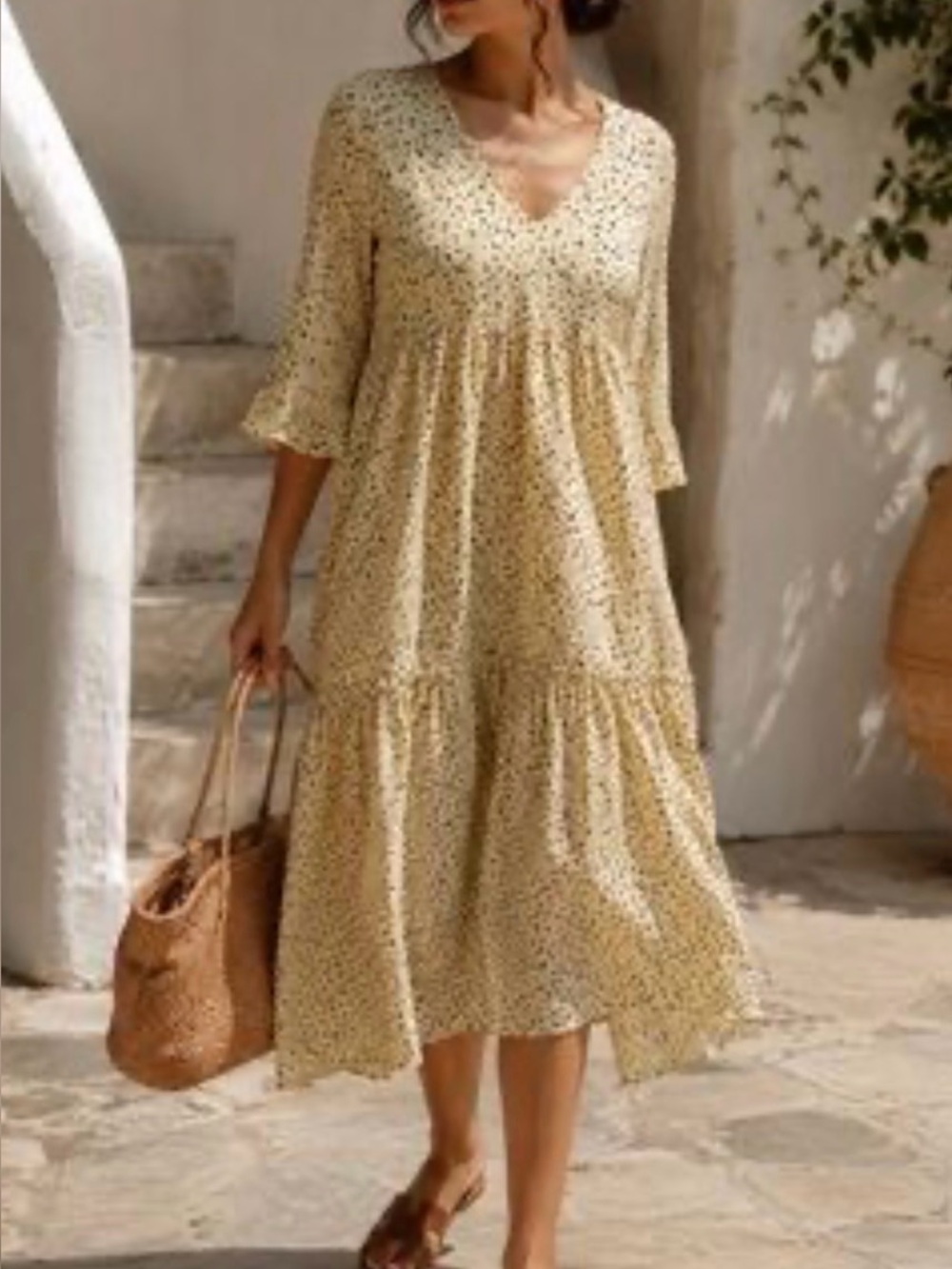 Little Moon Aritzia Cream V-Neck Floral Midi Dress